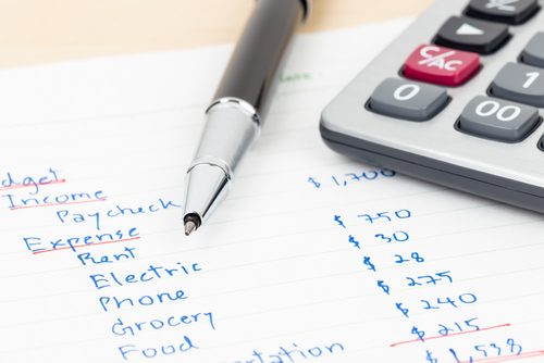 Calculator, pen and budget.